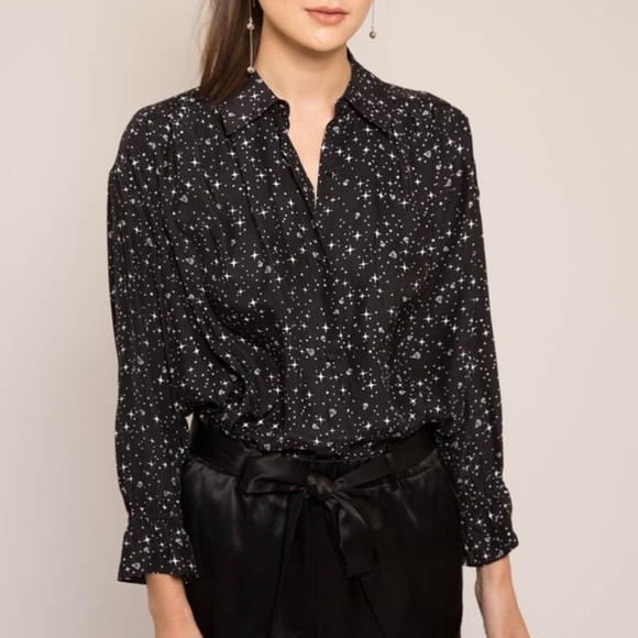 FRAME Diamond Sky Star Silk Print Blouse Top Shirt White Button Down Ruffle XS - Picture 2 of 14